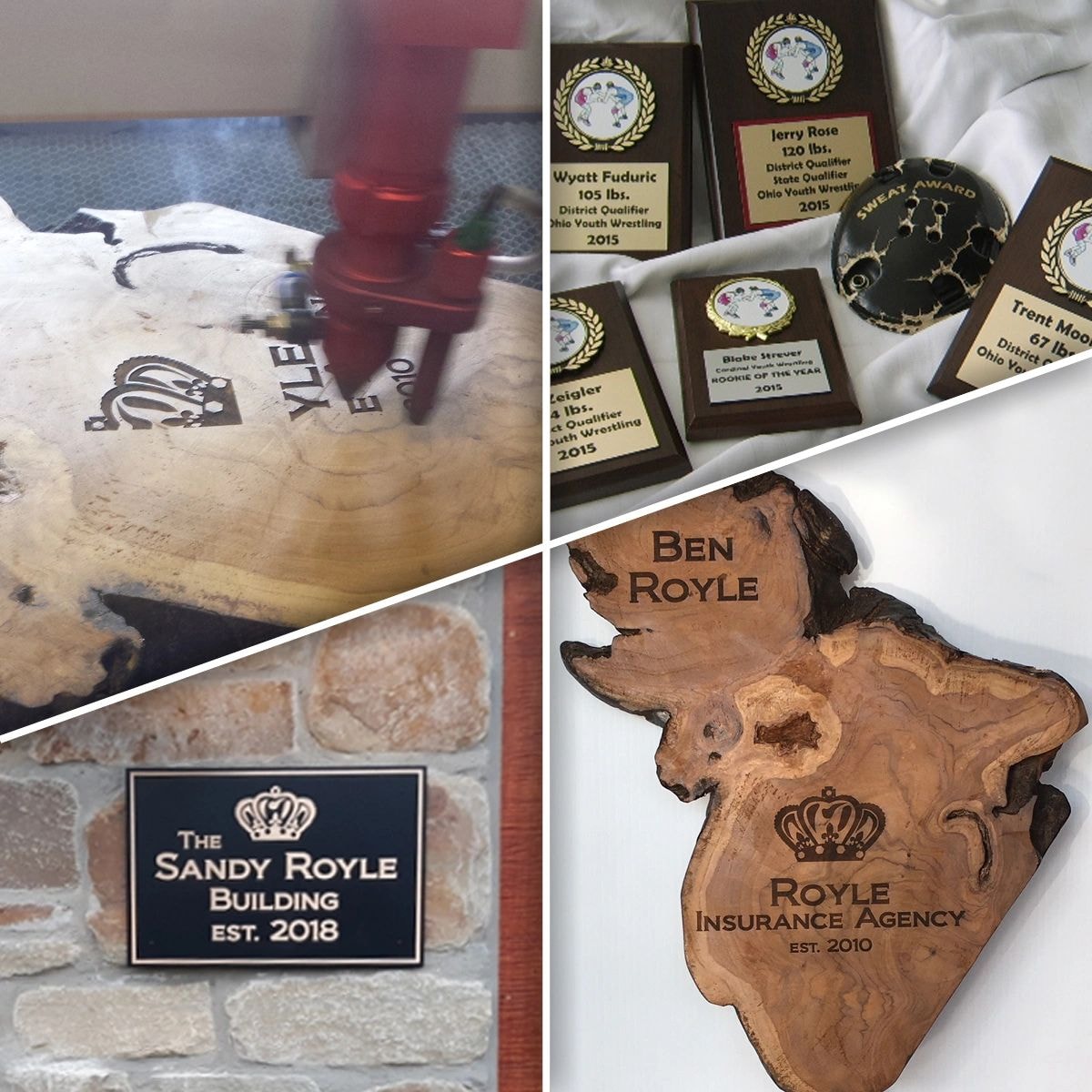 Engraved plaques and awards including wrestling trophies and Royle Insurance Agency plaque