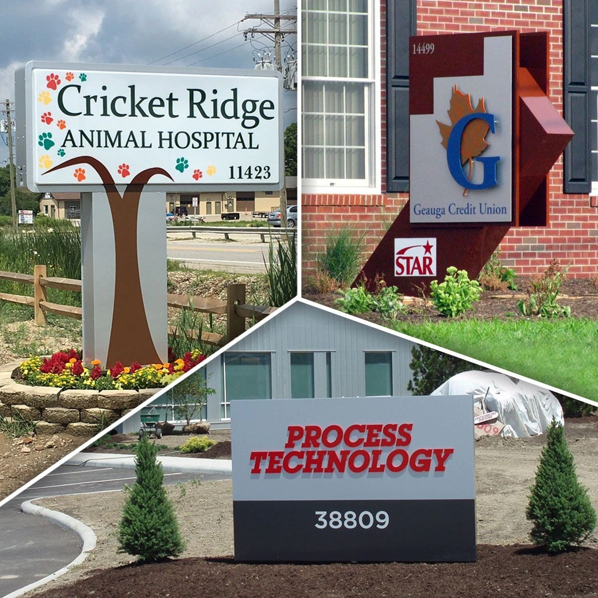 Exterior monument signs for Cricket Ridge Animal Hospital, Geauga Credit Union, and Process Technology