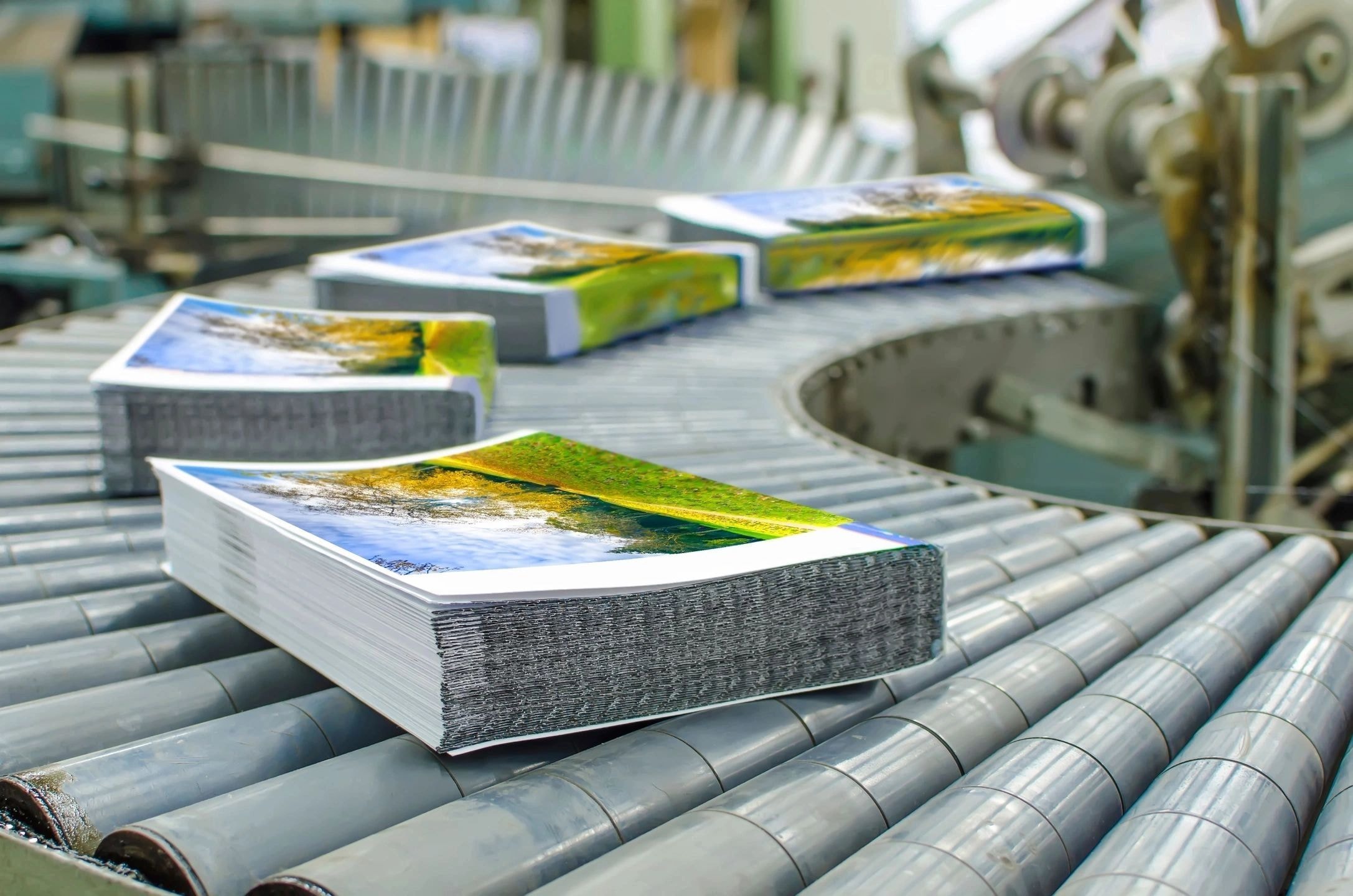 High-quality printing — stacked printed materials on production line
