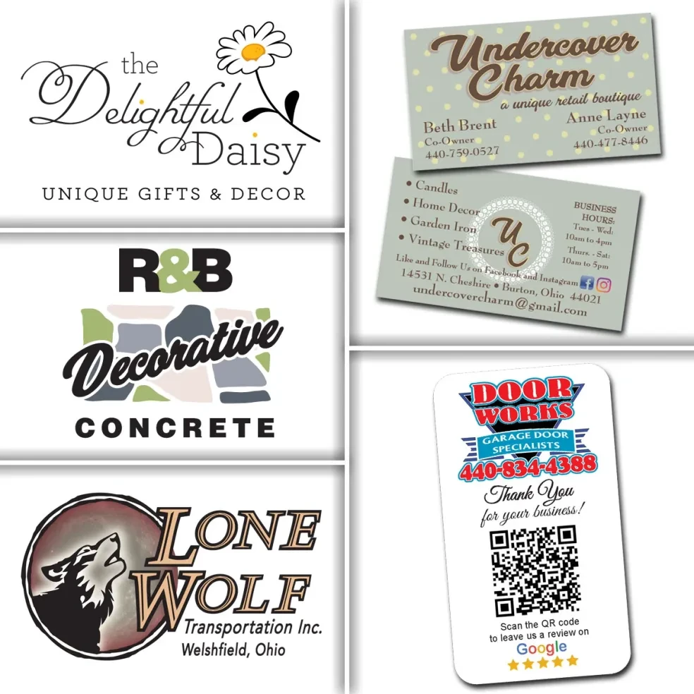 Logo and business card designs for The Delightful Daisy, R&B Decorative Concrete, Lone Wolf Transportation, Undercover Charm boutique, and Door Works garage door specialists