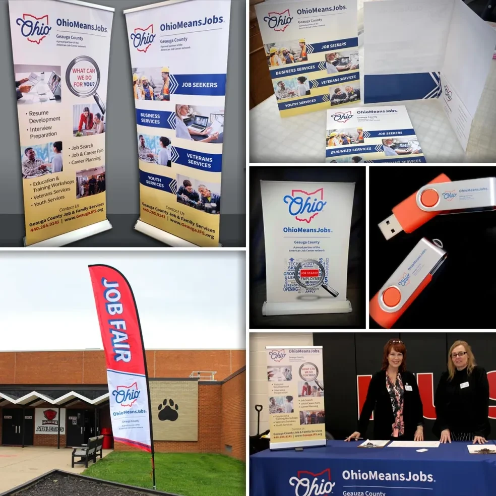 OhioMeansJobs Geauga County marketing collateral including banners, brochures, USB drives, feather flag, and event booth materials