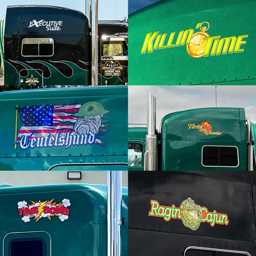 Custom semi-truck vinyl graphics including Executive Suite, Killin Time, Teufelshund, Flirtin with Disaster, Time Bomb, and Ragin Cajun