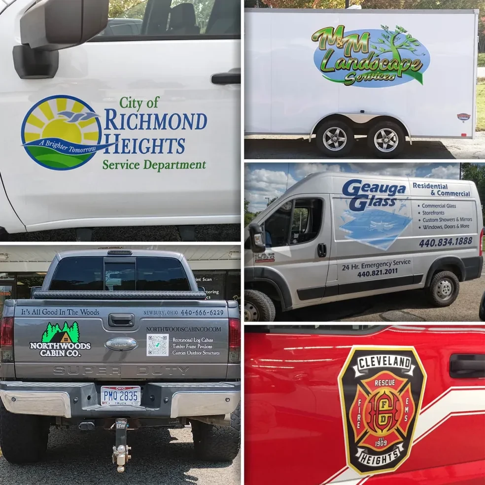 City of Richmond Heights, M&M Landscape Services, Geauga Glass, Northwoods Cabin Co., and Cleveland Heights Fire Department vehicle vinyl graphics