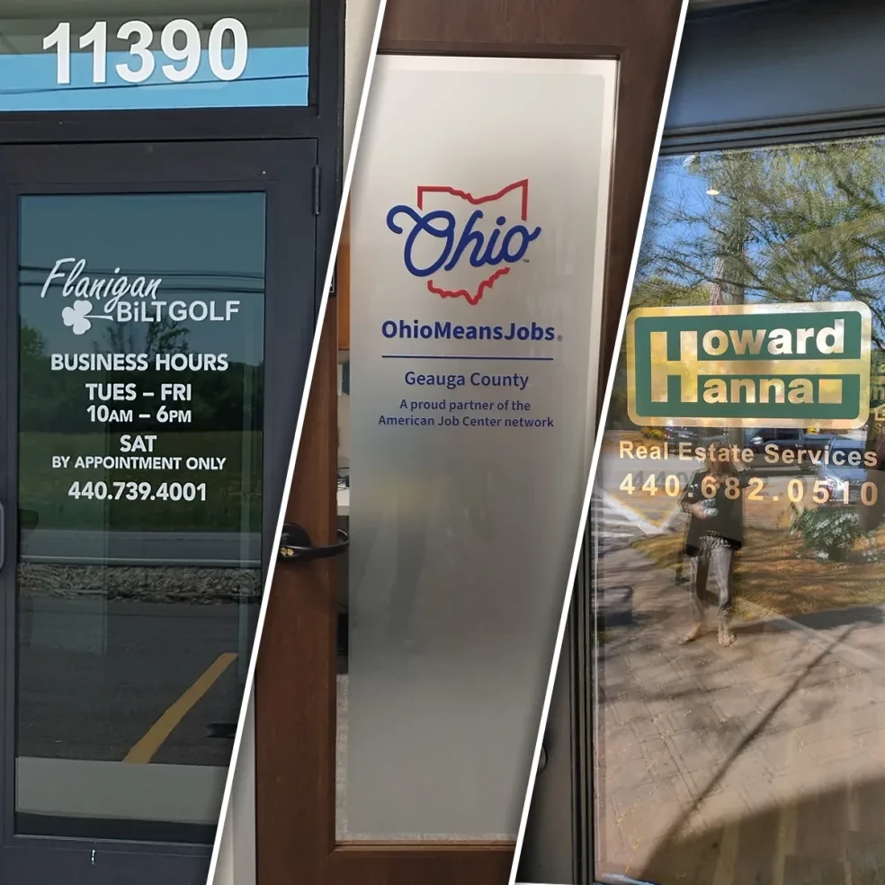 Flanigan BiltGolf, OhioMeansJobs Geauga County, and Howard Hanna Real Estate window vinyl graphics